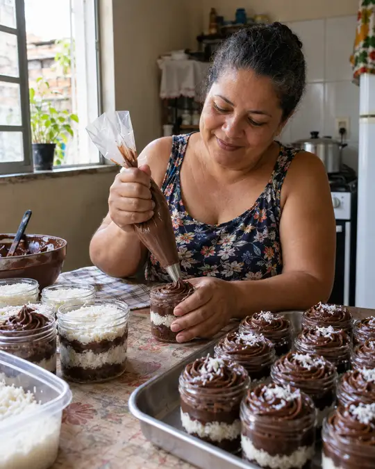 Mulher confeitando potes de bolo na mesa da cozinha.