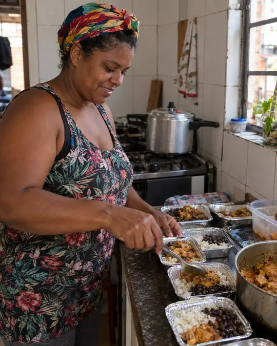 Mulher embalando marmitas de arroz, feijão e frango na cozinha de casa.