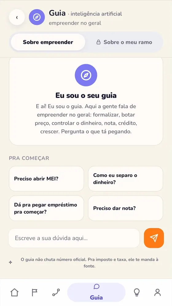 Tela do Guia no app: o conselheiro, com perguntas prontas pra começar.
