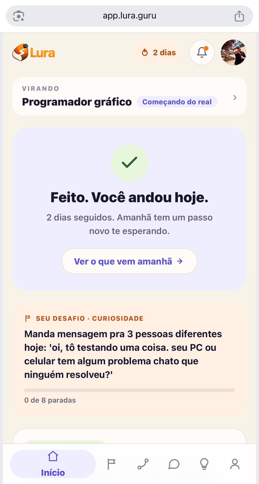 Tela Seu progresso do app Lura