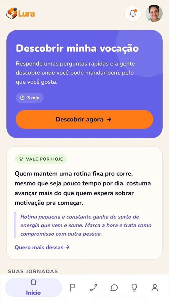 Tela inicial do app: o cartão “Descobrir minha vocação”, com perguntas rápidas que levam 3 minutos.