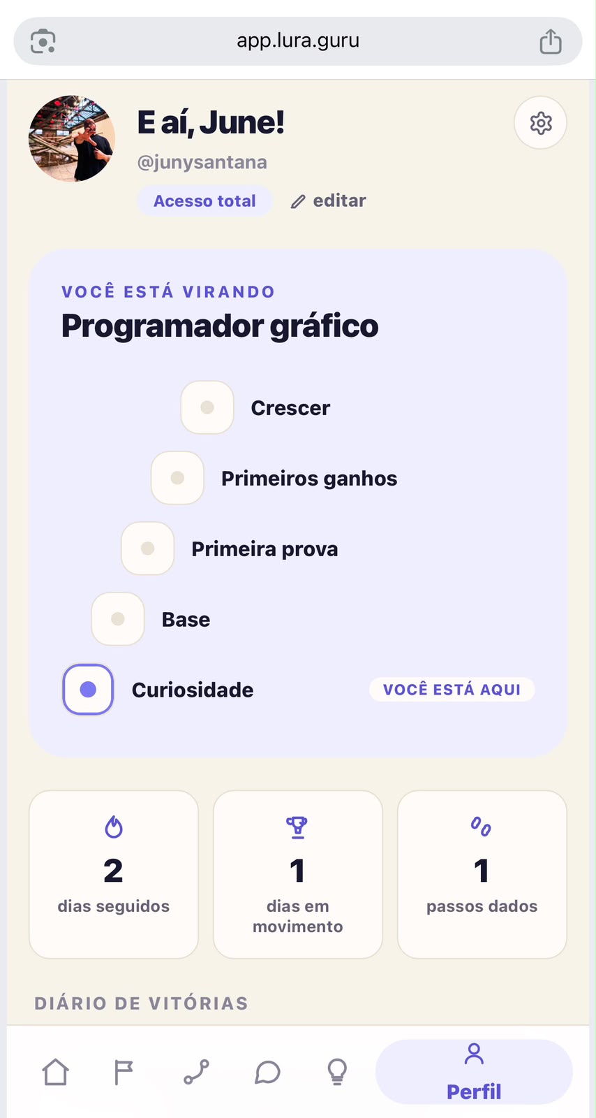 Tela de perfil da Lura mostrando a escada de degraus da Curiosidade até Crescer