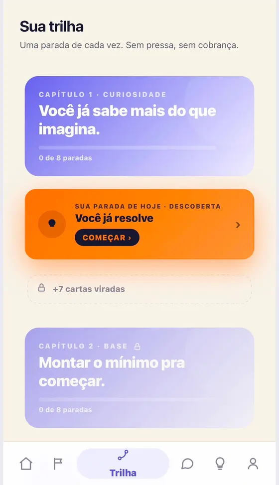 Tela da trilha no app, com a parada de hoje em destaque.